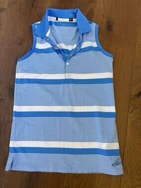 Tailored Fit Bellagio Striped Sleeveless Collared Polo Top Golf Blue Women's XS